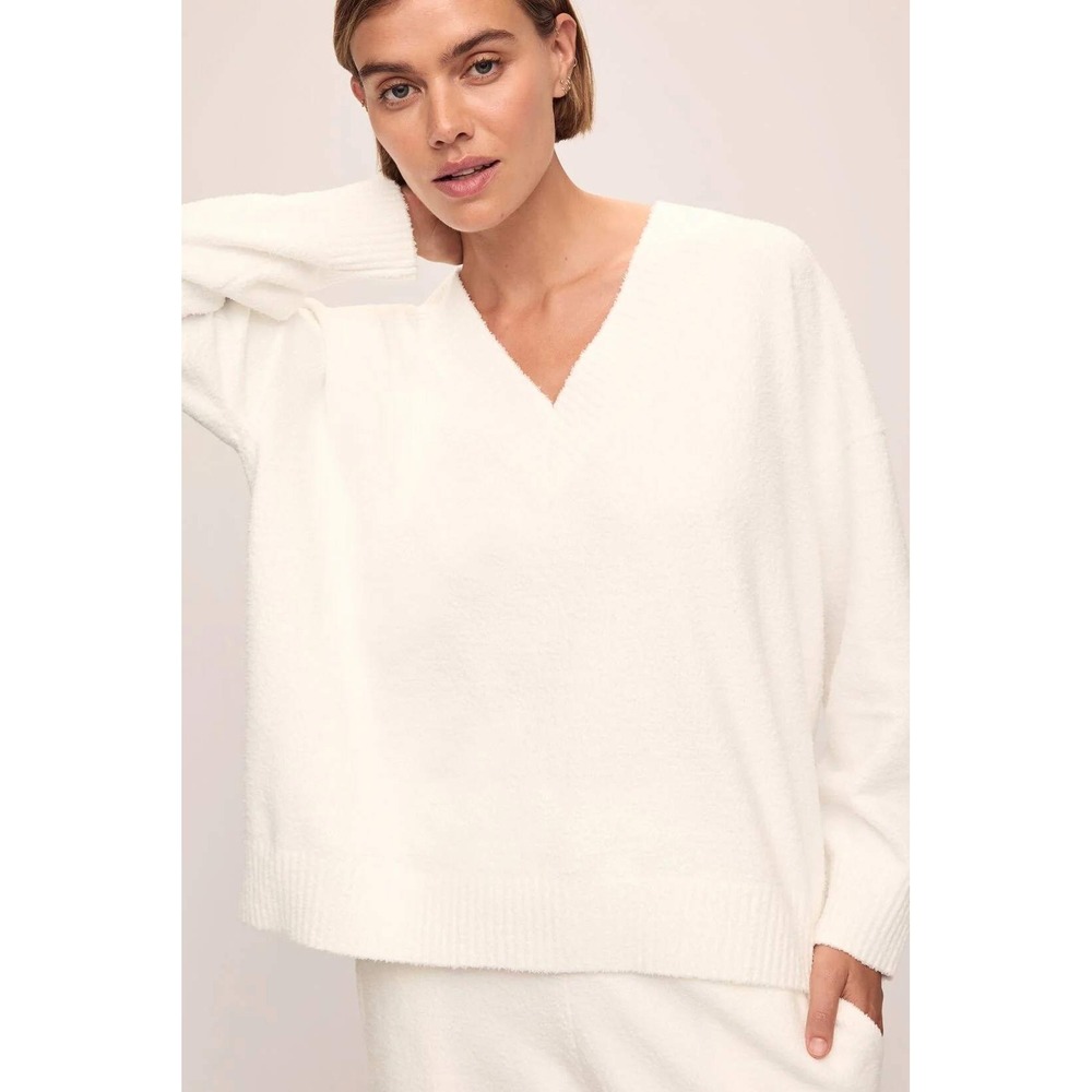 Eberjey Recycled Boucle Boyfriend Oversized V-Neck Sweater Women Medium White
